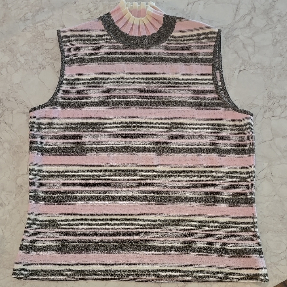 St John Sleeveless Turtleneck Sweater Zip Pink /Black Size M